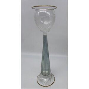Egyptian Hand Blown Glass Candle Holder Ribbed Smokey Blue Gold Etched 14” EUC